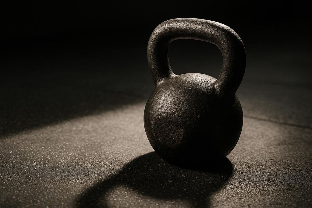 A close-up shot of a dark, textured iron kettlebell sitting on a speckled dark gym floor. A diagonal beam of light illuminates the kettlebell and the floor directly in front of it, creating a strong shadow behind the weight against a dark background.