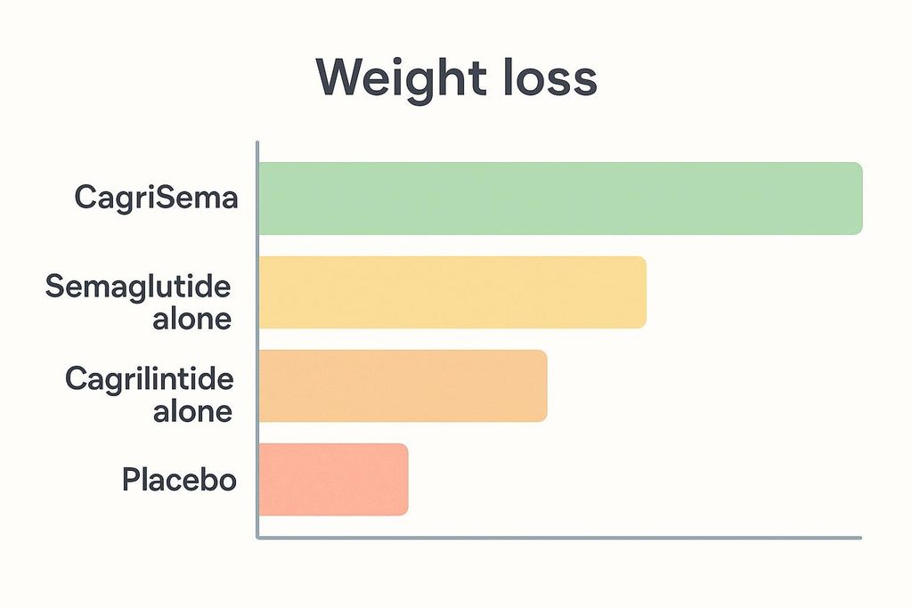 A horizontal bar chart titled 'Weight loss' comparing the effectiveness of different medications. CagriSema shows the most weight loss (green bar), followed by Semaglutide alone (yellow bar), Cagrilintide alone (orange bar), and Placebo with the least weight loss (pink bar).