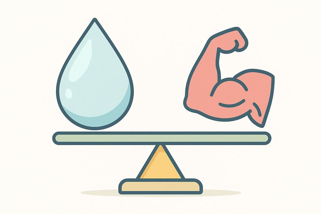 An abstract illustration shows a large blue water droplet on one side of a balance scale and a flexing arm muscle on the other, both sides perfectly level, symbolizing the balance of hydration and strength.