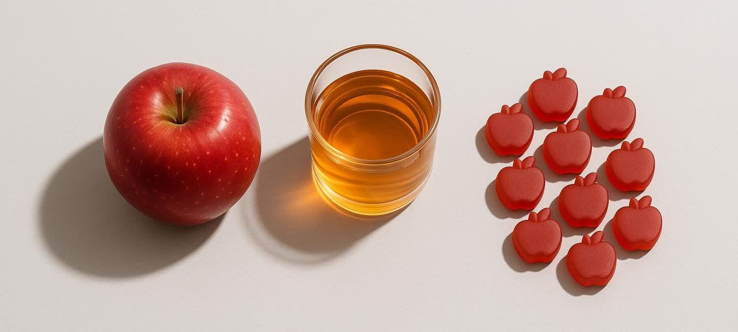 A flat lay image showing a red apple, a glass of apple cider vinegar, and several apple-shaped ACV gummies, representing both natural and supplement forms.