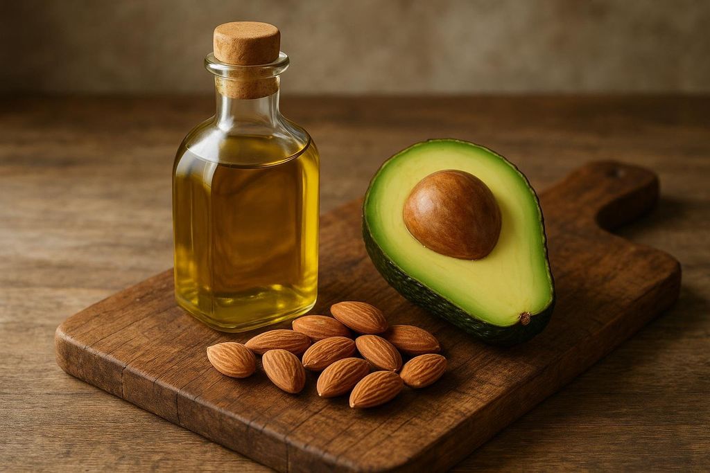 A rustic wooden board holds a bottle of olive oil, a pile of almonds, and half of an avocado with its pit still inside, representing healthy fats.