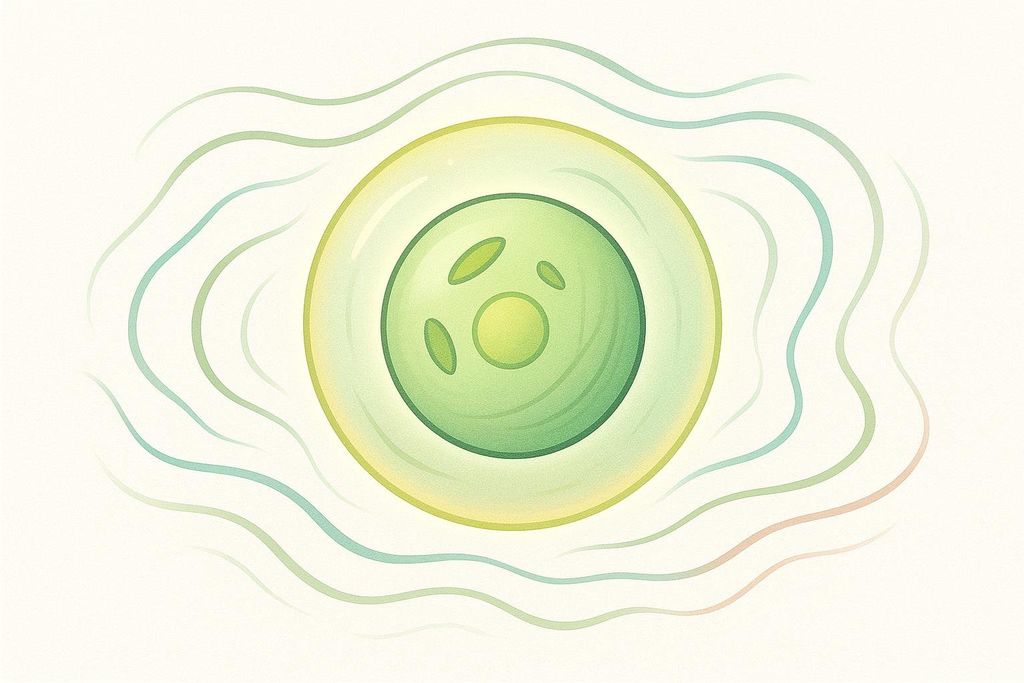 Stylized drawing of a circular green cell with internal structures, enclosed within a larger, translucent, yellowish bubble. Wavy lines in shades of green and blue emanate from the bubble, suggesting flow or energy.