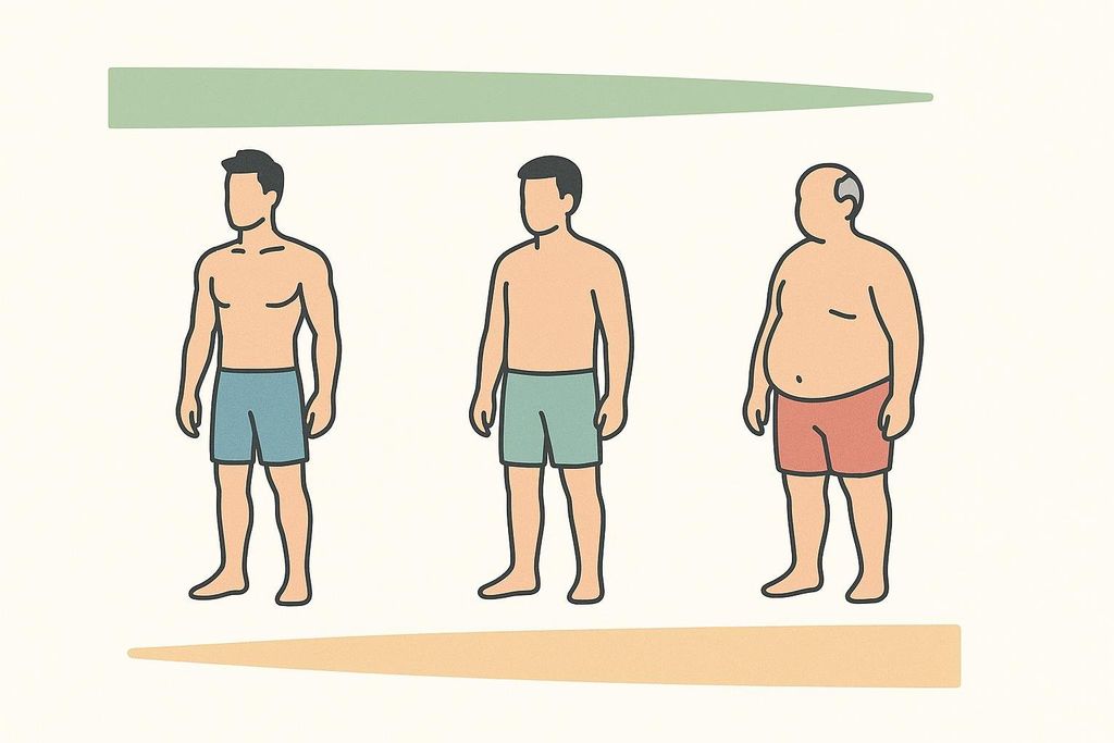 An illustration showing how muscle mass tends to decrease and fat storage tends to increase as men age.