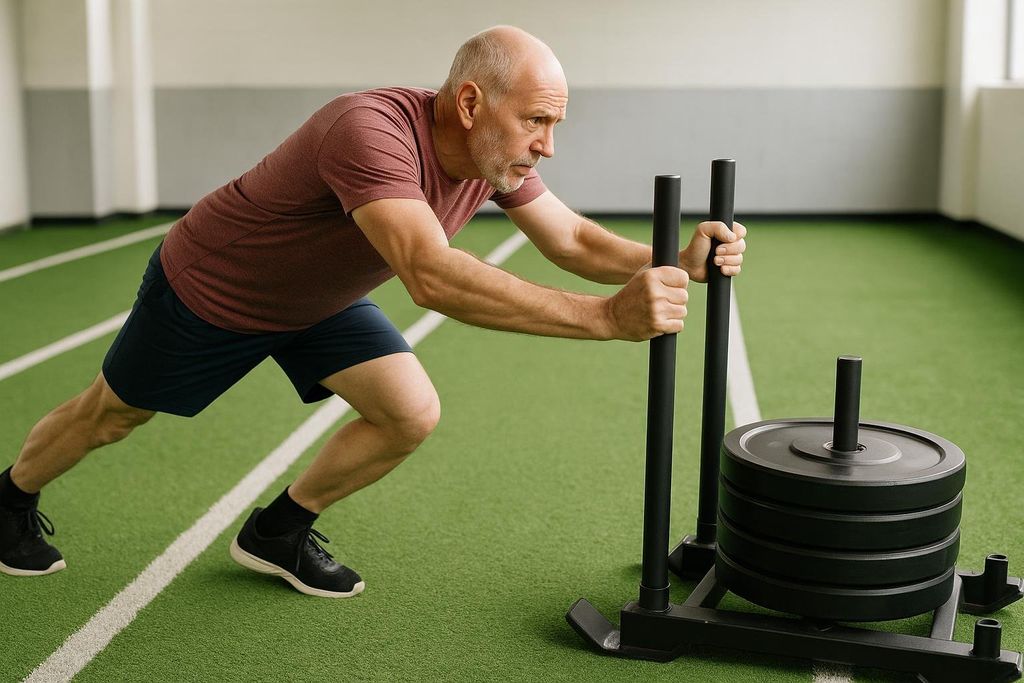 An older man, mid-push, as he strongly exercises by pushing a weighted sled on a green turf floor inside a gym.