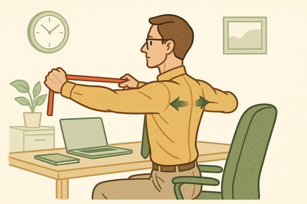 An illustration of an office worker improving posture by doing a band pull-apart at their desk. Green arrows on his back indicate proper shoulder blade engagement.