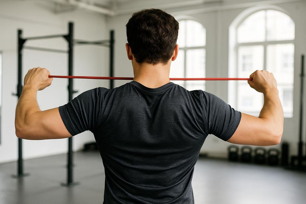A person is shown from behind, wearing a dark gray t-shirt, performing a resistance band pull-apart with a red band to mobilize their shoulders before a workout.