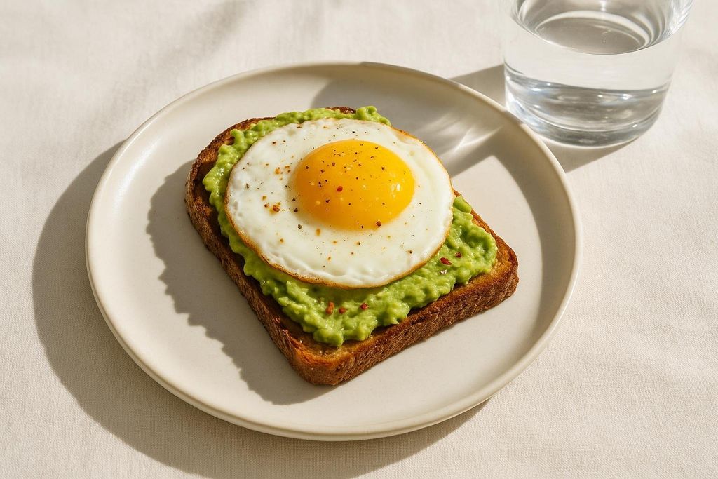 A slice of toasted bread topped with mashed avocado and a perfectly fried egg, sprinkled with pepper and chili flakes. A glass of water sits in the background.