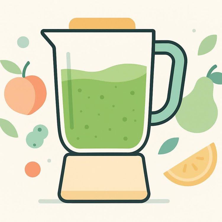 Illustration of a blender with green smoothie and abstract fruit