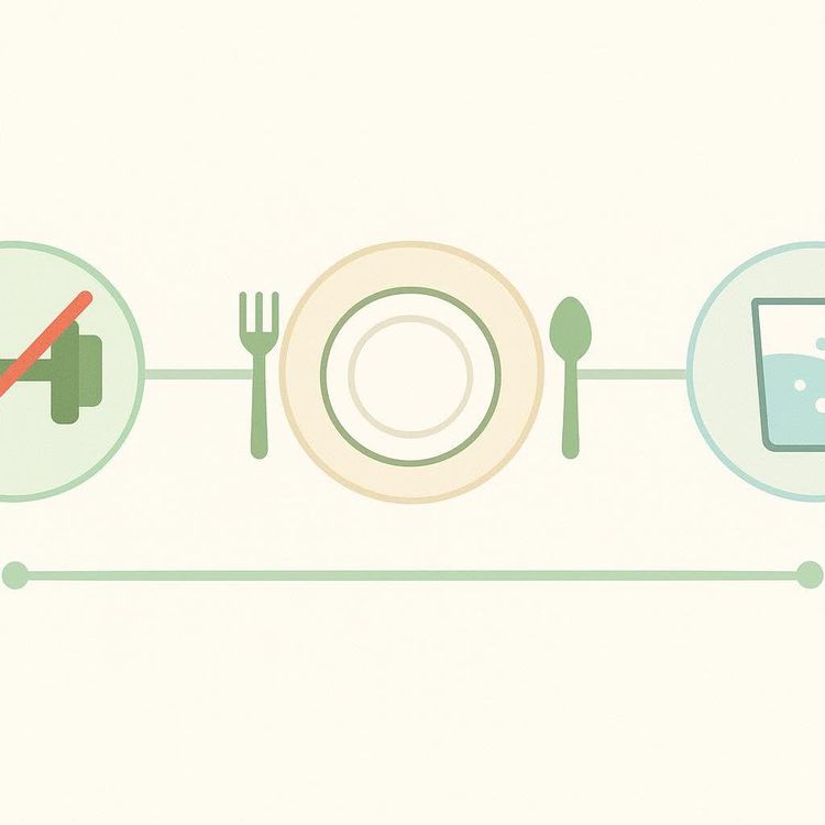 A timeline graphic with three icons: a dumbbell with a red cross indicating no exercise, a plate with a fork and spoon representing eating, and a glass of water indicating hydration. This illustrates DEXA scan preparation steps.