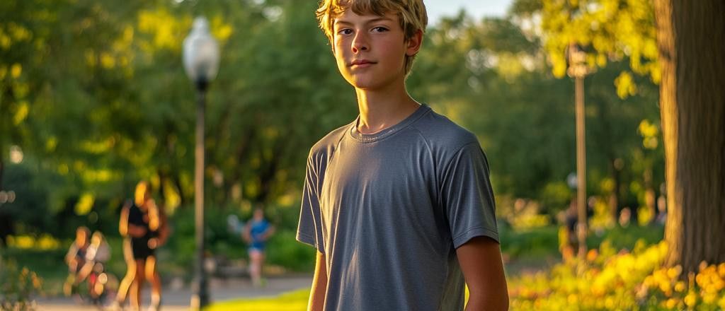 A blond boy wearing a grey shirt stands in a park at sunset with other people in the background.