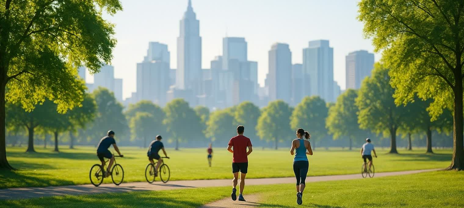 Several people are exercising in a sunny urban park. Two cyclists and a runner are in the foreground, with another figure running in the middle ground. A city skyline is visible in the background.