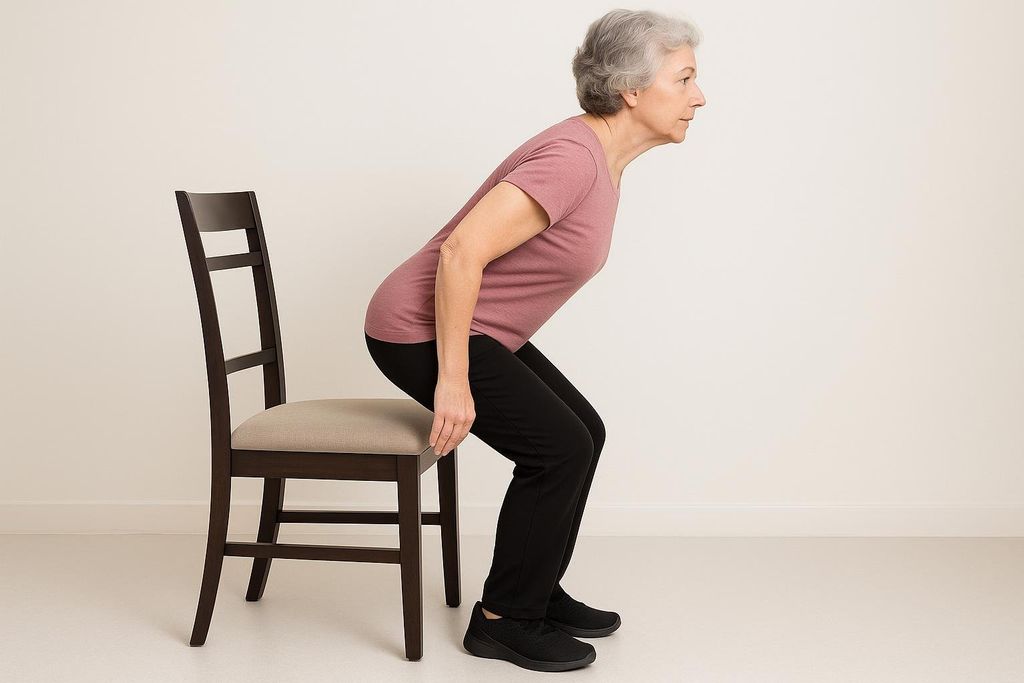 An older woman demonstrating correct form for a sit-to-stand exercise in a home setting. She is positioned slightly above the chair seat, knees bent, and torso leaning forward, with her hands gently resting on the chair cushion.