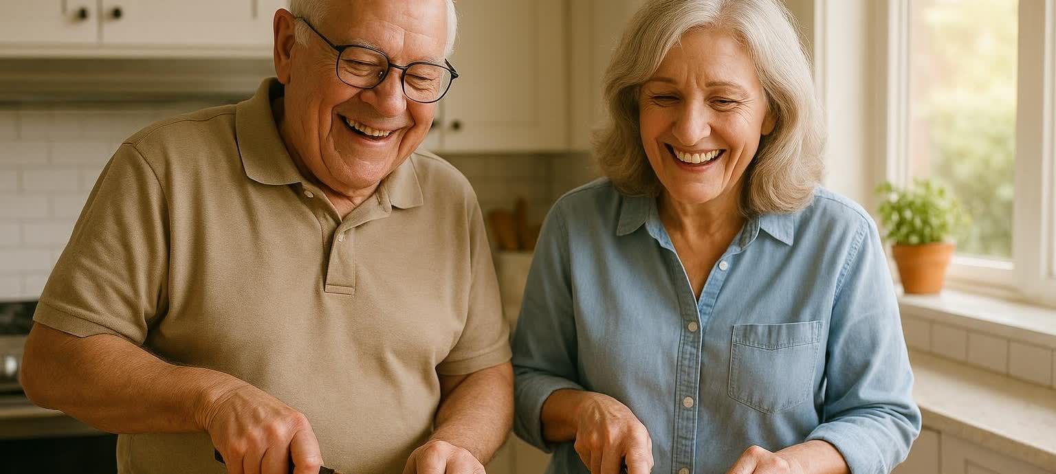 A senior couple preparing healthy meals together in a bright kitchen, both smiling and looking down at their work. The man on the left wears a tan polo shirt and glasses, and the woman on the right wears a denim shirt. A green plant sits on the windowsill in the background.