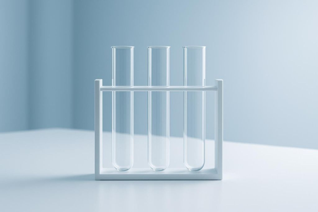 Three clean, empty glass test tubes standing upright in a white plastic rack against a softly lit, light blue background. The scene suggests a sterile laboratory environment.