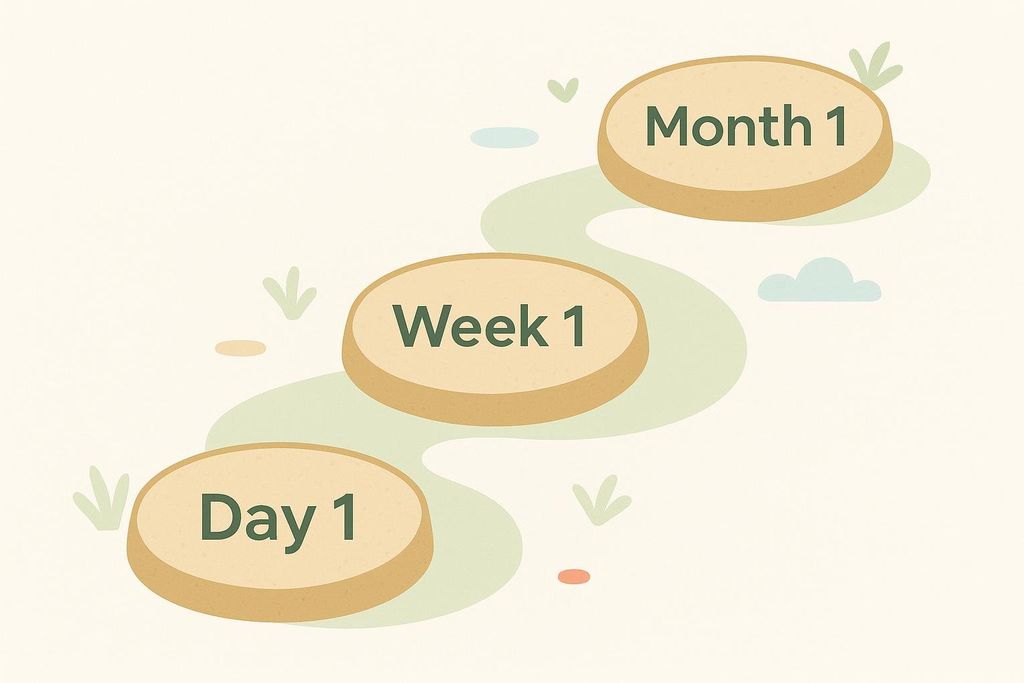 Timeline path showing Day 1, Week 1, and Month 1.