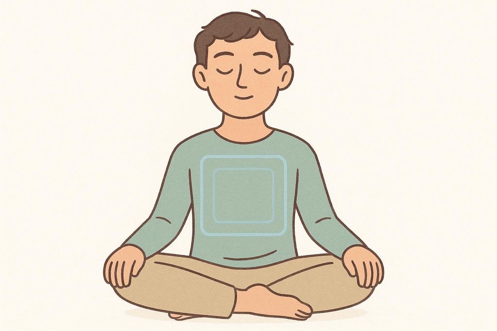 Illustration of a person sitting cross-legged with eyes closed and a light blue square on their chest, representing box breathing technique.