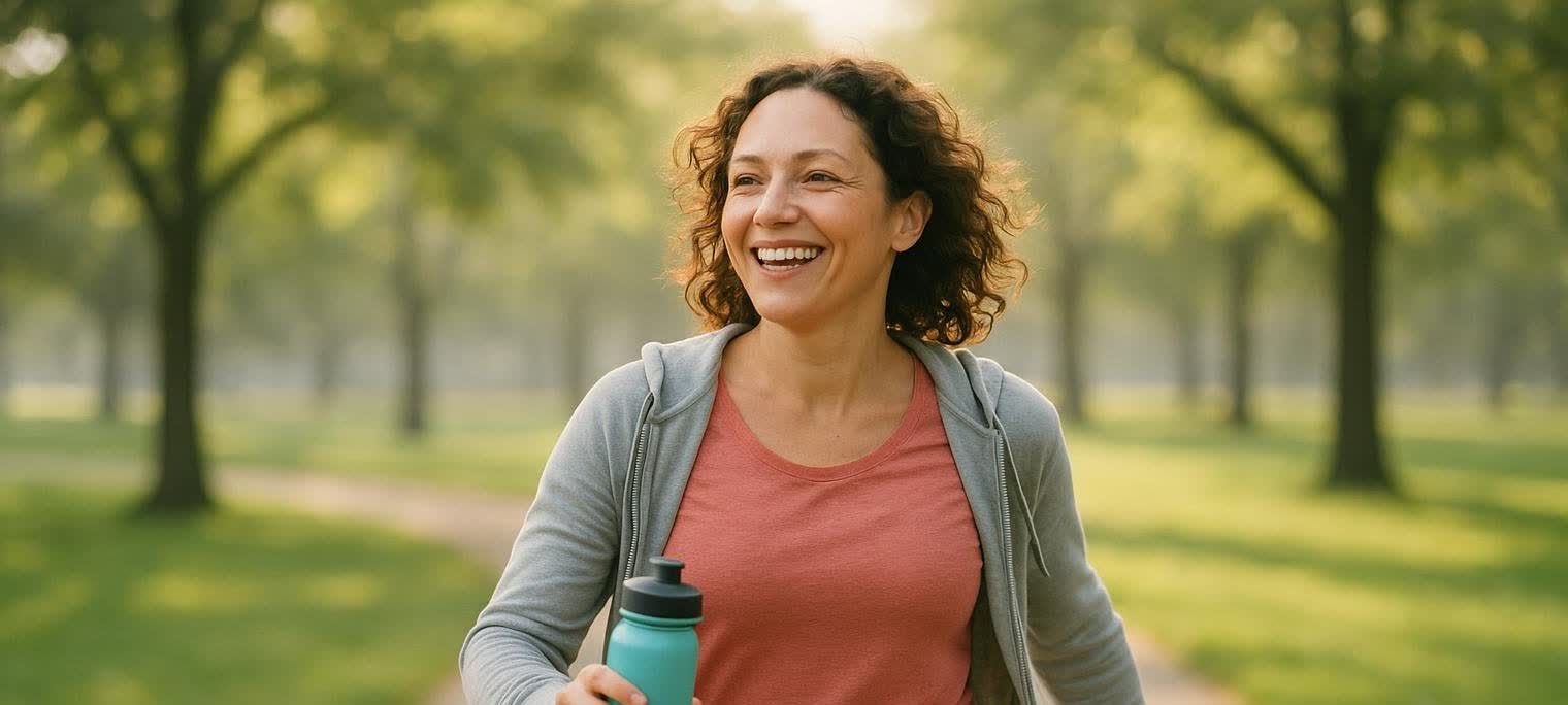 A smiling woman with curly hair walking energetically in a park, holding a blue water bottle. She is wearing a grey hoodie and a coral t-shirt, with trees and a path visible in the blurred background.