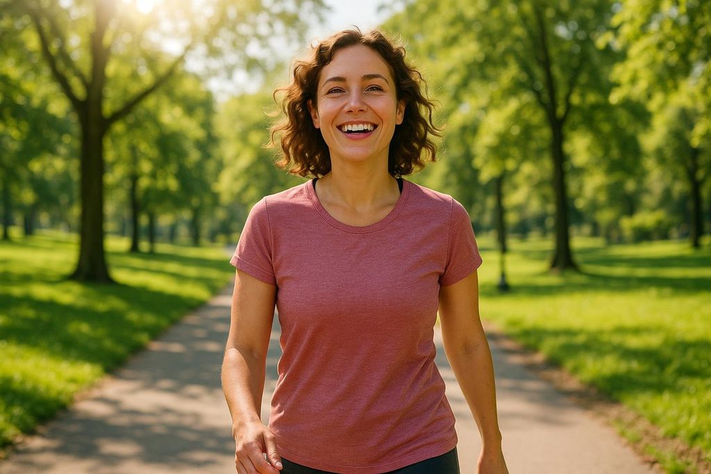 A happy woman with curly brown hair, wearing a pink t-shirt, smiles broadly at the camera while walking on a paved path in a sunlit green park with trees on either side.