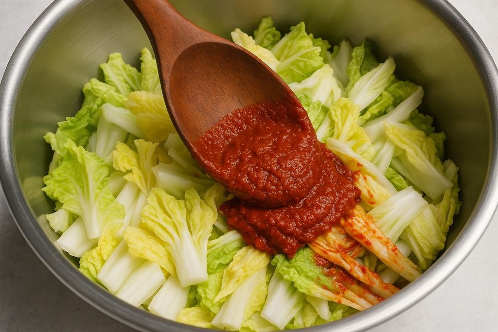 A wooden spoon stirs vibrant red kimchi paste into a bowl of chopped napa cabbage, preparing for fermentation.