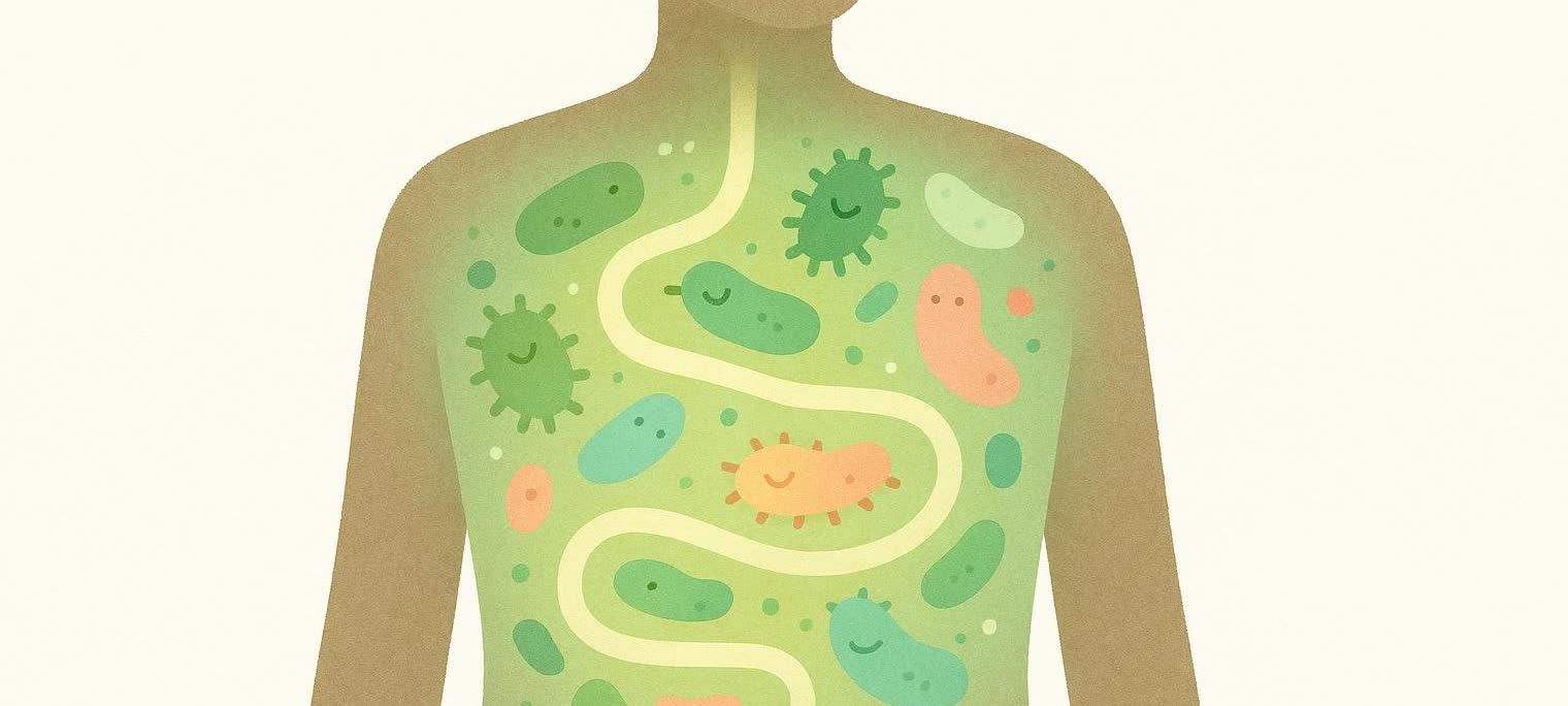 An illustration of a healthy gut microbiome with a glowing network inside a human silhouette, depicting various friendly, colorful microorganisms.