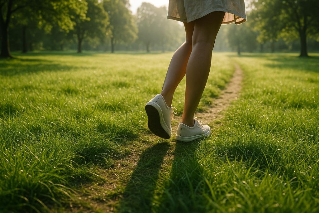 A low angle shot of a person's legs and feet as they walk along a narrow dirt path through a vibrant green grassy field, with trees in the background and dappled sunlight.
