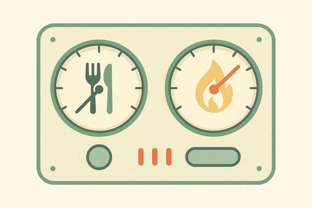 Illustration of two dials, one with cutlery (knife, fork, spoon) set as the pointer indicating 'down', and the other with a flame icon as the pointer indicating 'up'. This represents survodutide's dual mechanism, likely related to appetite suppression and metabolism increase.