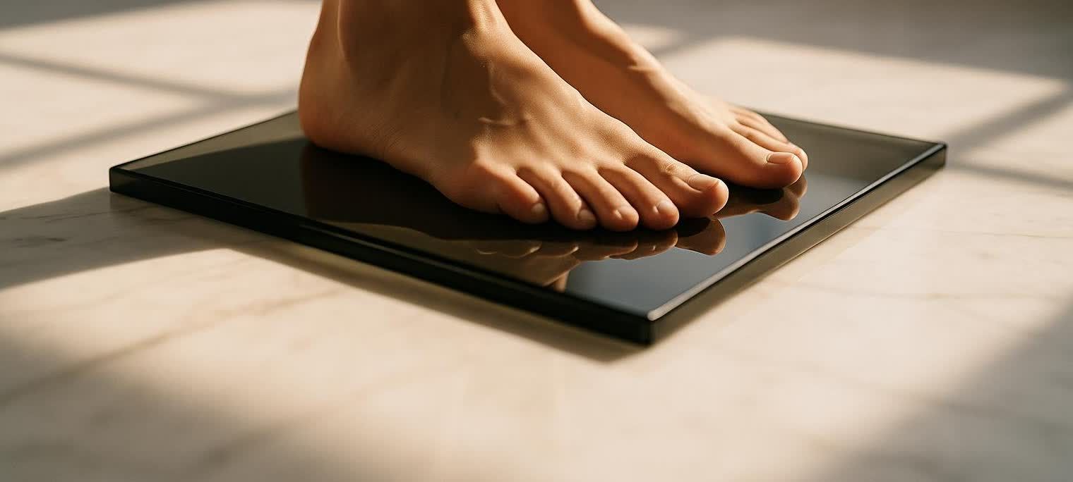 Close-up of bare feet on a modern minimalist glass platform