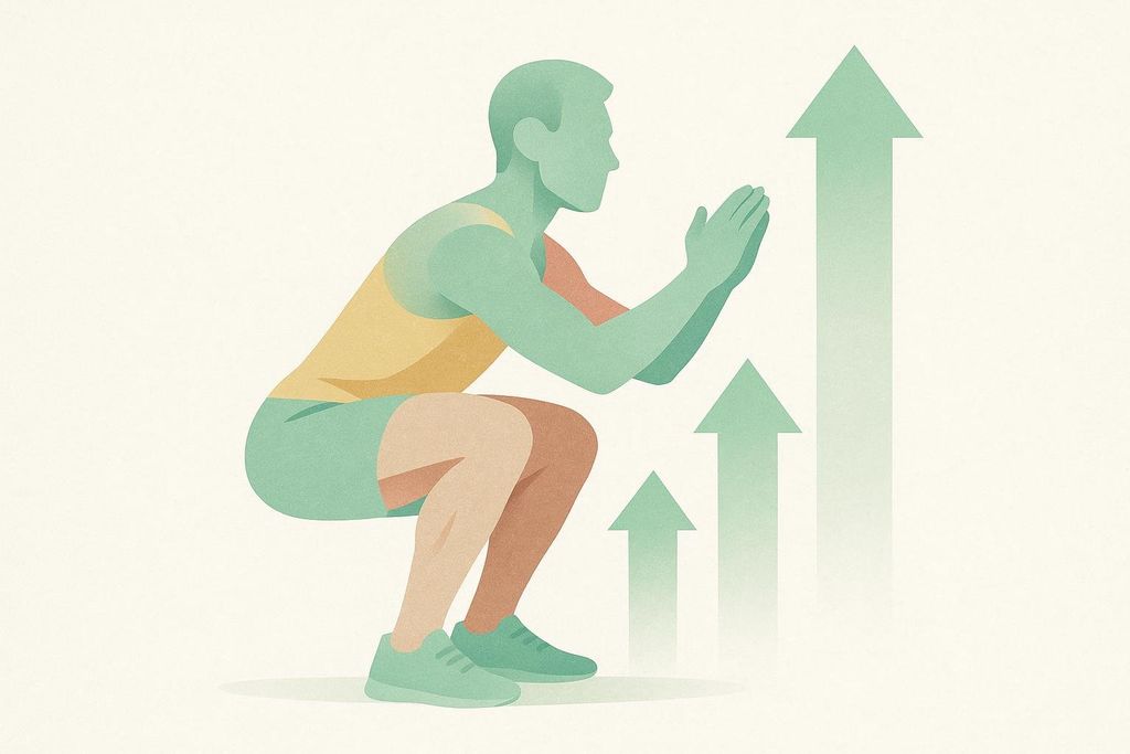 Minimalist diagram of a person squatting with arrows indicating upward power