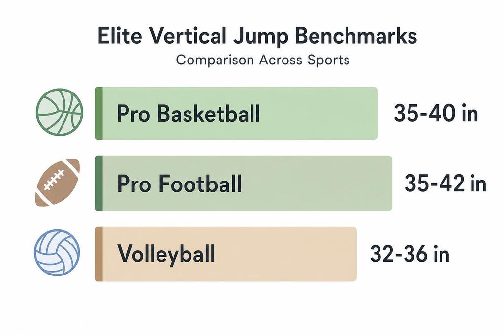A horizontal bar chart titled 'Elite Vertical Jump Benchmarks: Comparison Across Sports'. It compares the vertical jump ranges for Pro Basketball (35-40 in), Pro Football (35-42 in), and Volleyball (32-36 in).