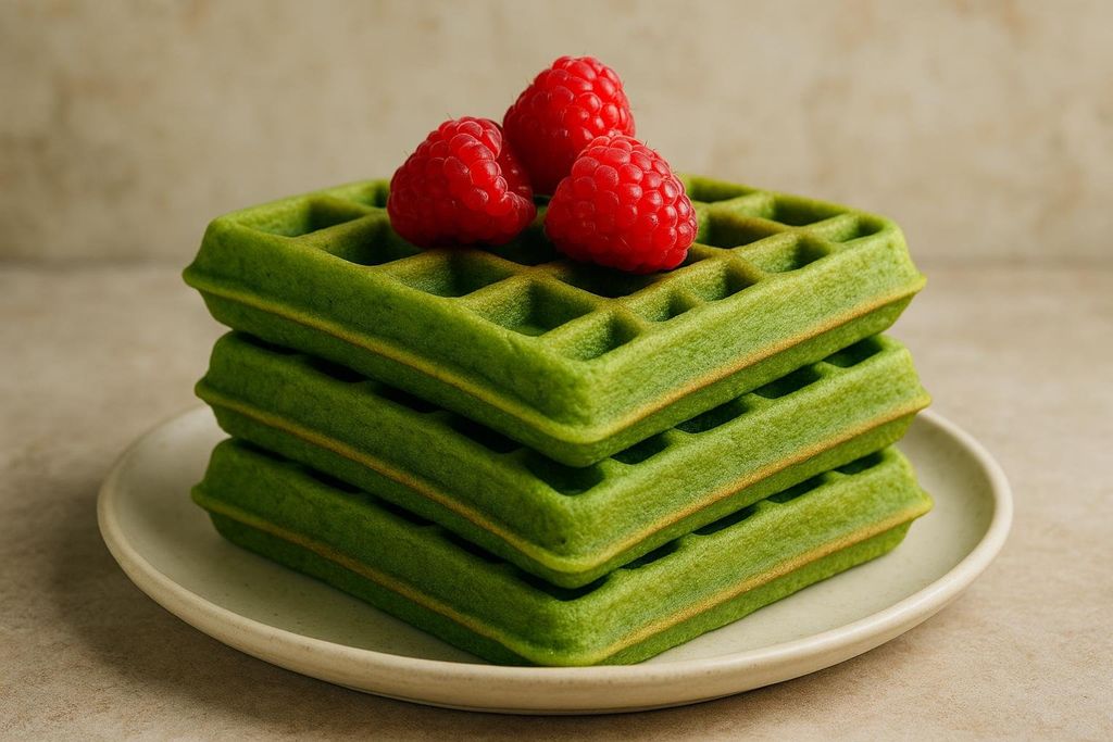 A close-up shot of a stack of three green spinach waffles on a white plate, topped with three vibrant red raspberries.