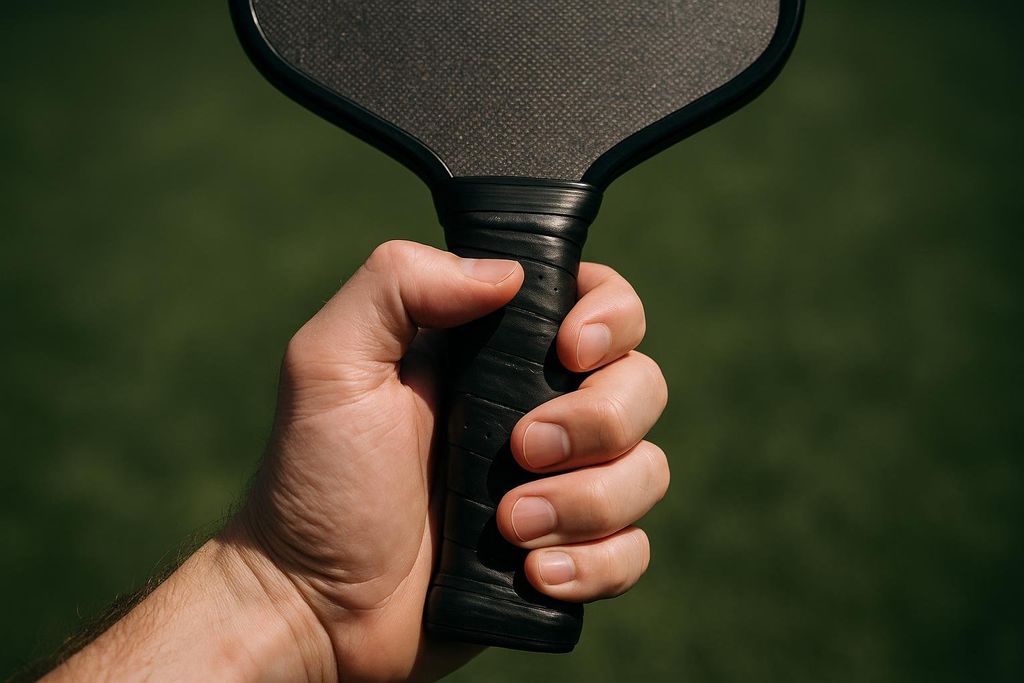 Close-up of a hand holding a pickleball paddle, demonstrating the recommended gap between the palm and fingers for a comfortable and correct grip size.