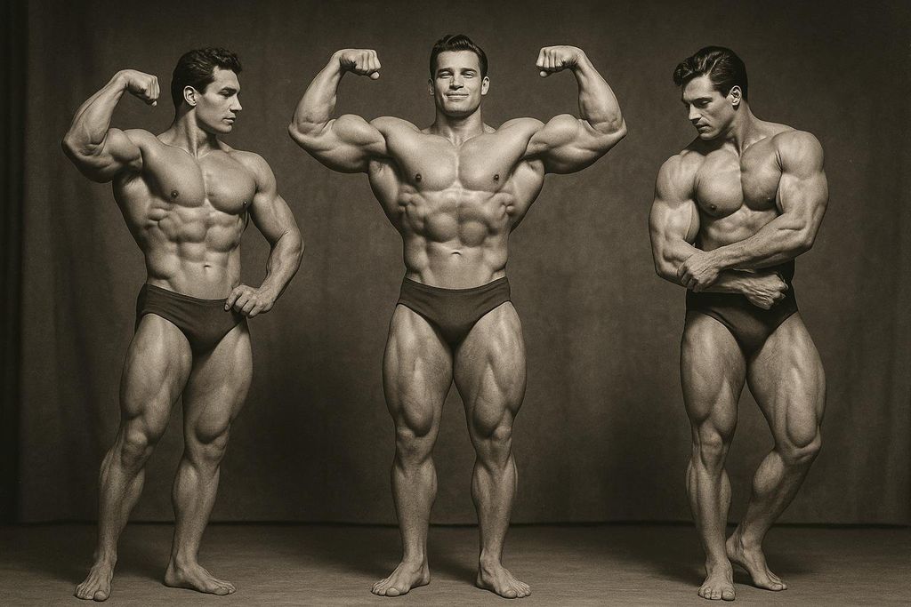 A sepia-toned vintage-style photograph showing three full-body poses of a male bodybuilder in speedos. The man's physique shows highly developed muscles and definition. In the center, he flexes his biceps with a smile. On the left, he poses with one hand on his hip and arm flexed. On the right, he stands with arms crossed, thoughtfully looking down. This image represents the historical benchmark for peak natural FFMI from the pre-steroid era.