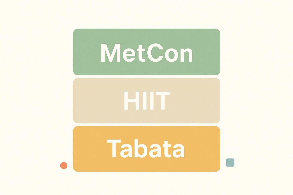 Three colored rectangular labels stacked vertically. The top label is green with 'MetCon' in white text. The middle label is beige with 'HIIT' in white text. The bottom label is orange with 'Tabata' in white text. Two small colored dots, one orange and one light blue, are near the bottom corners of the image.