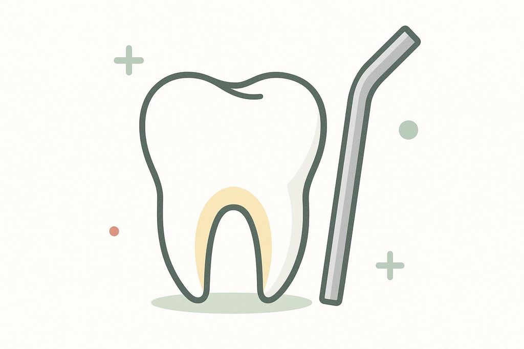 An illustration of a stylized white tooth with light yellow roots next to a silver bent drinking straw. The background is off-white with scattered small dots and plus signs in light green and muted red, suggesting dental care or health.