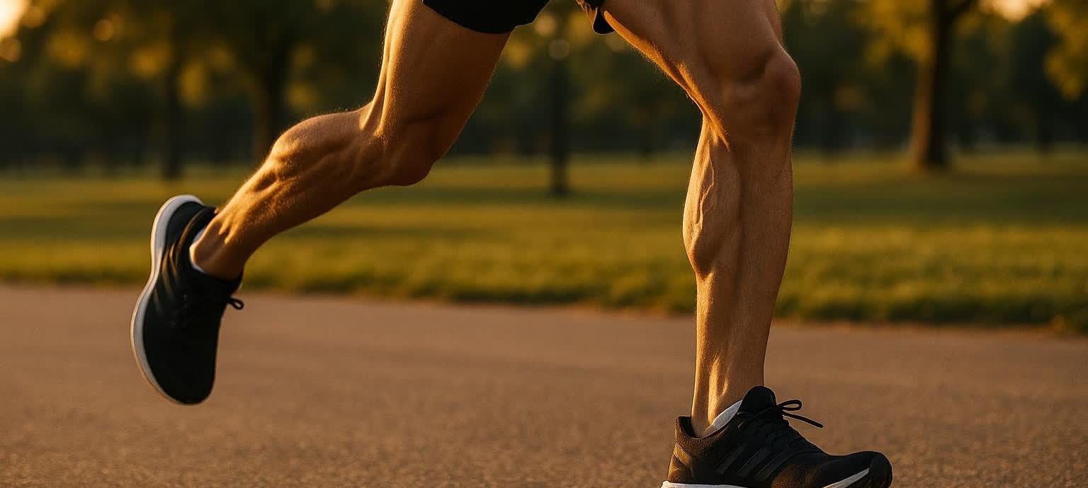 Close-up low-angle shot of a runner's muscular legs mid-stride on a sunny trail.