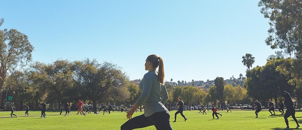 A woman in a yoga pose leads a fitness class in a sunny park with trees and other people exercising in the background.