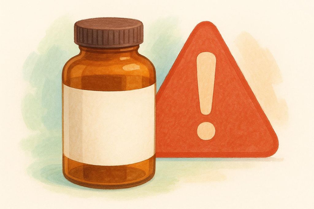 An illustration of a supplement bottle next to a large red warning sign with an exclamation point, advising caution with high-dose extracts or supplements.