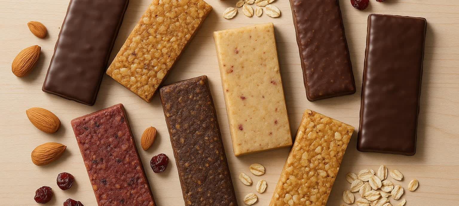 A flat lay of several protein bars in different flavors and textures, including chocolate-coated, peanut butter flavored, berry flavored, and plain oat bars. They are surrounded by scattered almonds, dried cranberries, and rolled oats on a light wooden background.