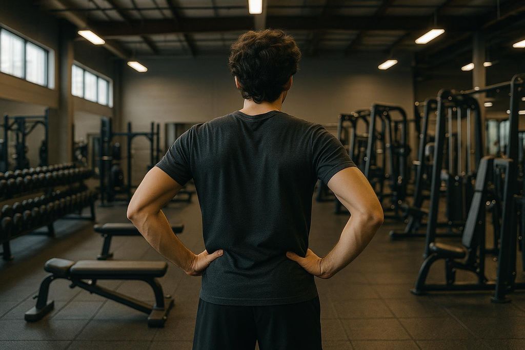 A man seen from behind with his hands on his hips, standing in a gym, looking towards the various exercise equipment. He is wearing a dark grey t-shirt and black shorts. The gym has rows of weights and machines under fluorescent lighting.