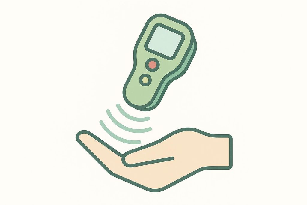 A stylized illustration of a green handheld device, possibly a remote or scanner, emitting wavy lines towards an open human hand icon. The design uses muted colors and clean lines, suggesting an abstract representation of interaction or data transmission.