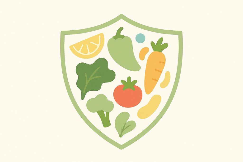 A shield made of various cartoon-style fruits and vegetables, including a lemon slice, bell pepper, carrot, tomato, broccoli, and leafy greens. The image symbolizes immunonutrition and gut barrier integrity through healthy eating.