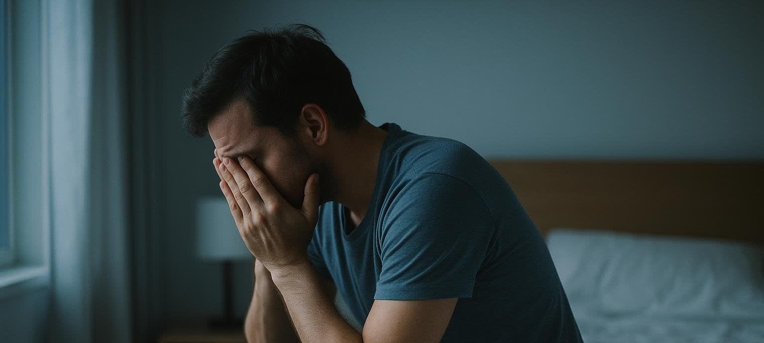 A man sits on the edge of his bed in the early morning, his face buried in his hands, appearing exhausted or distressed.