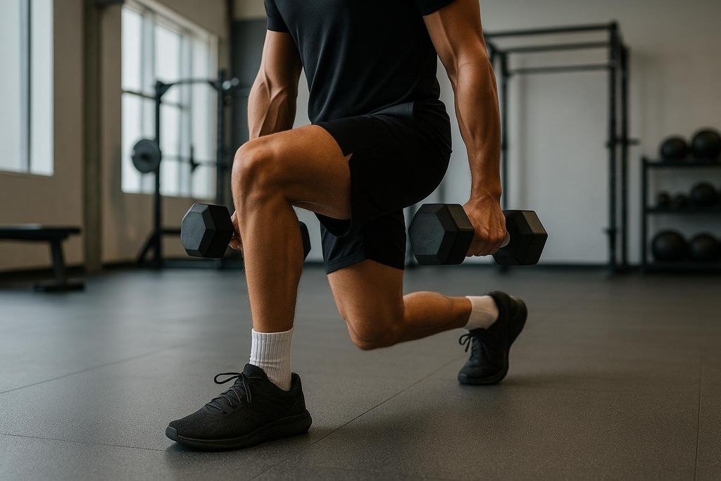 A low-angle shot of a man in a black t-shirt and shorts performing a walking lunge with dumbbells in a modern gym with large windows in the background.