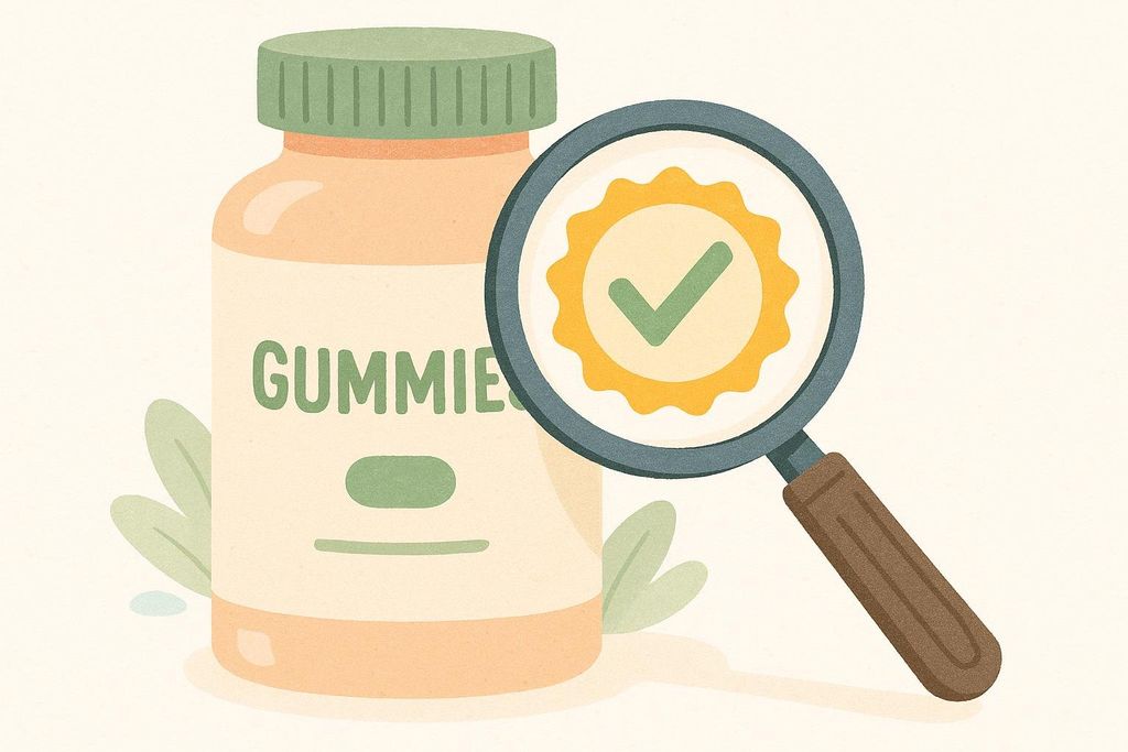 A magnifying glass inspecting a quality seal on a vitamin bottle