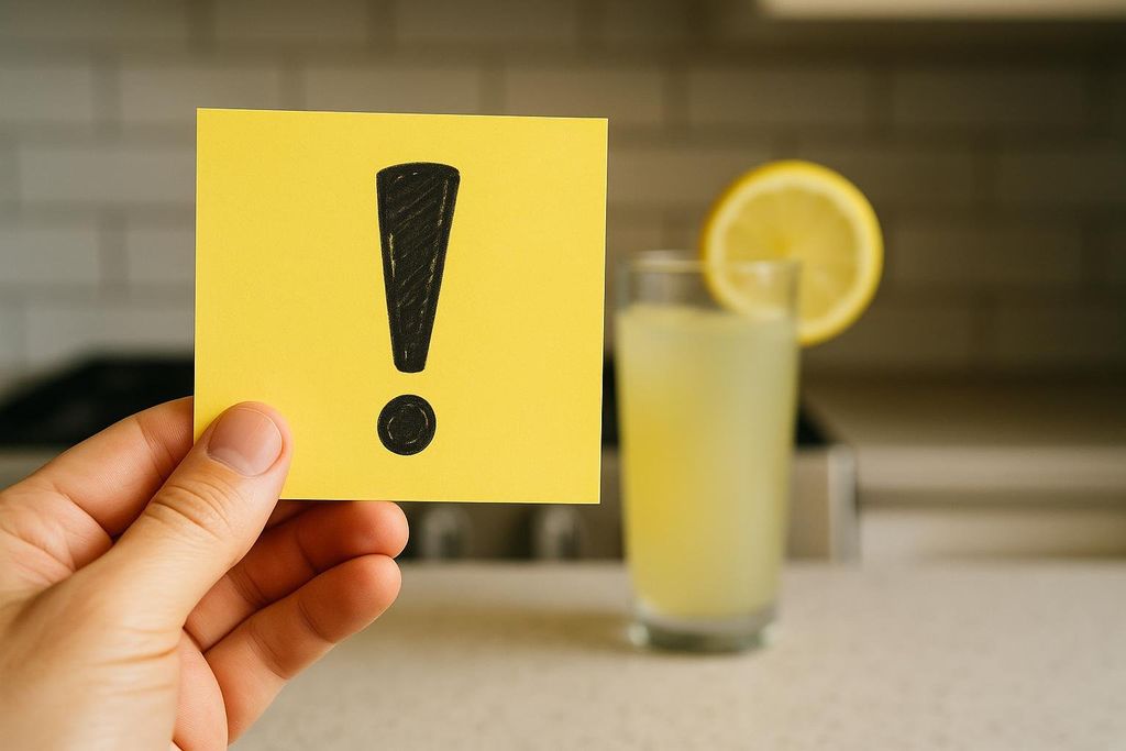 A hand holding a yellow note with a large black exclamation mark, with a glass of lemonade garnished with a lemon slice in the blurred background. It represents a warning or caution, possibly regarding health trends like cleanses.