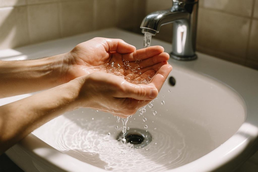 Close-up of a person's cupped hands holding clear water over a white bathroom sink, with water dripping from their hands and a faucet visible in the background.