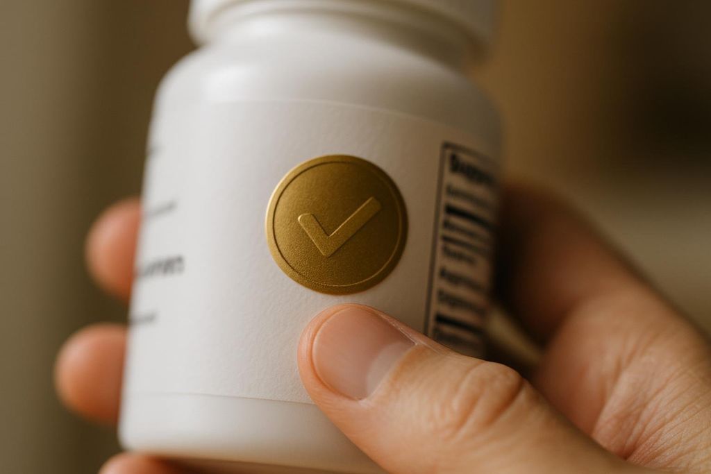 A close-up shot of a white supplement bottle being held, featuring a prominent golden quality seal with a checkmark in the center.