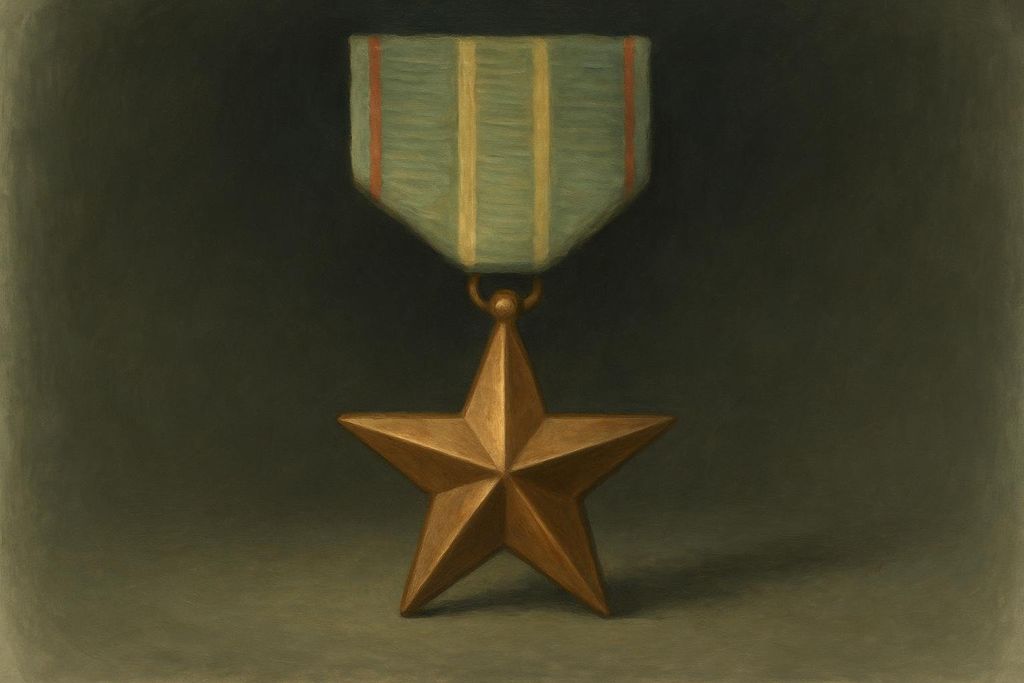 A symbolic illustration of a bronze star medal with its distinctive green ribbon with red and yellow stripes, set against a dark background.