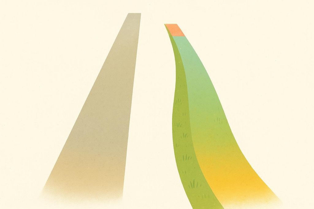 Illustration comparing a long, partly faded path (lifespan) with a shorter, fully vibrant path (healthspan).