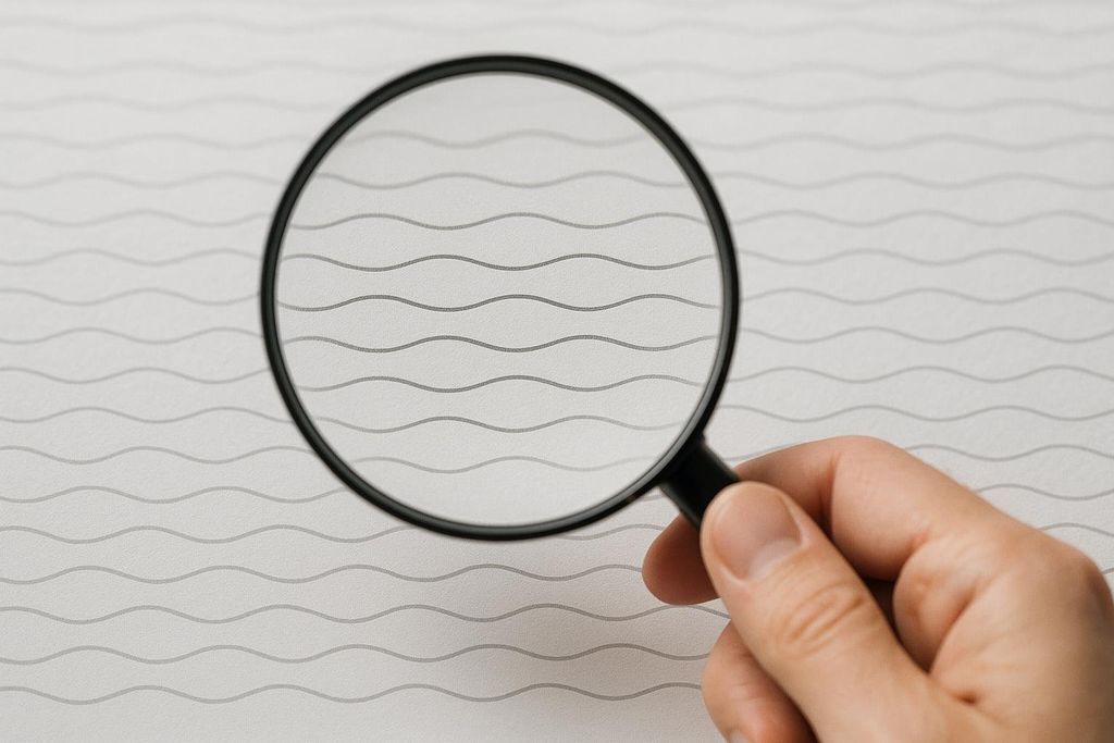 A hand holding a magnifying glass over a page with wavy lines, focusing on the lines through the lens.